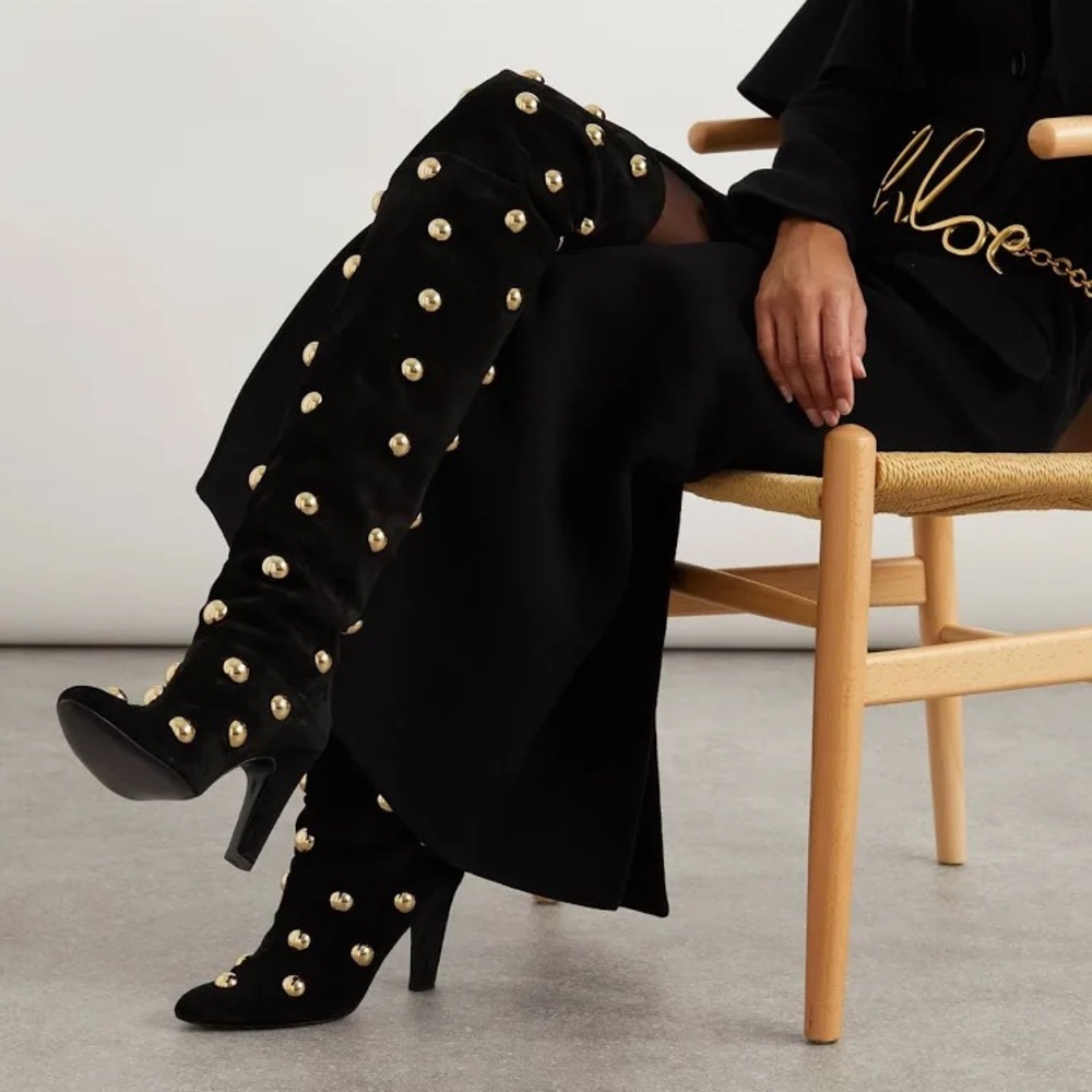 Chloe Black Heeled Boots with Gold Studs - Picture 5 of 7